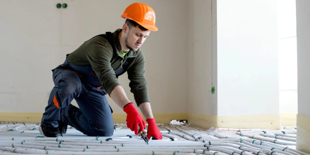 Un jeune homme posant le système d'un plancher chauffant - photo de couverture de l'article Plancher chauffant glycol ou eau Guide pour maisons de la Rive-Sud