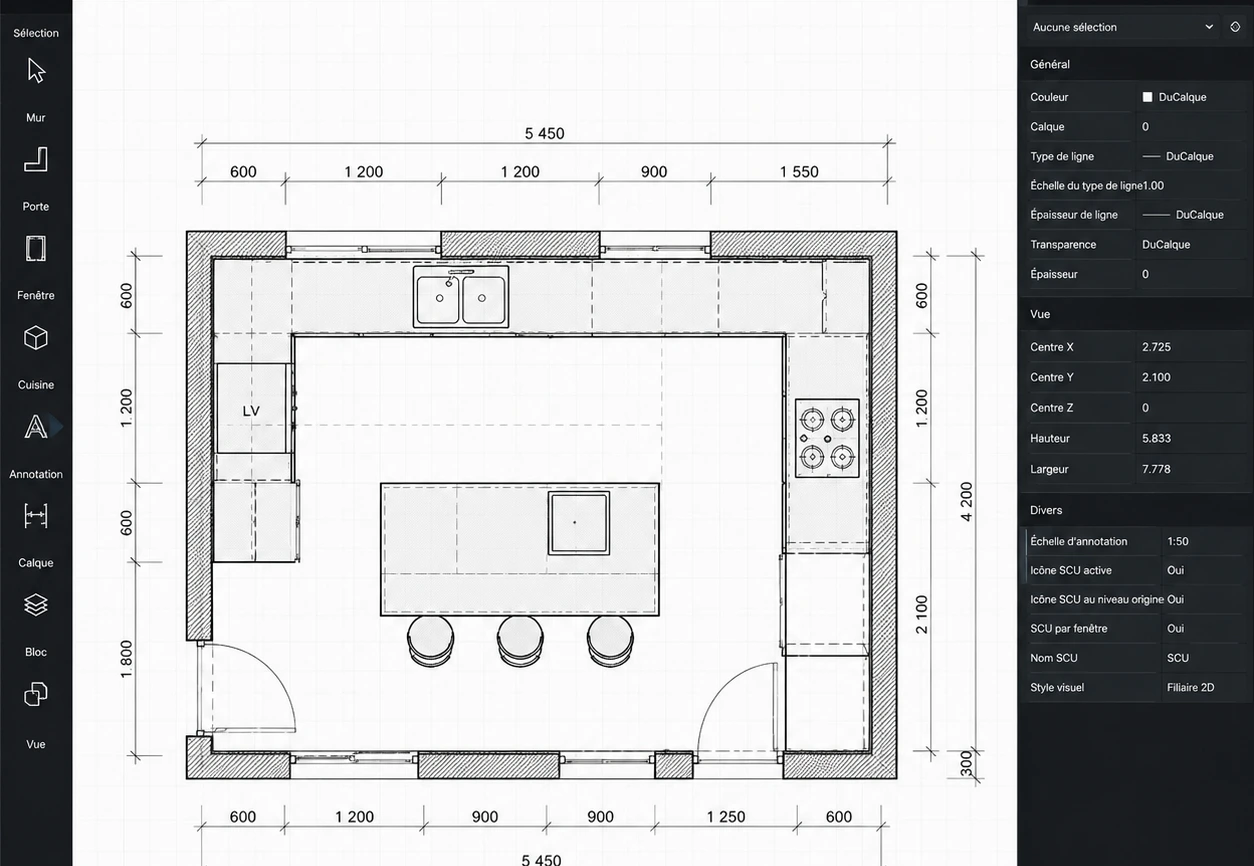 plan 2D pour la conception d'une cuisine