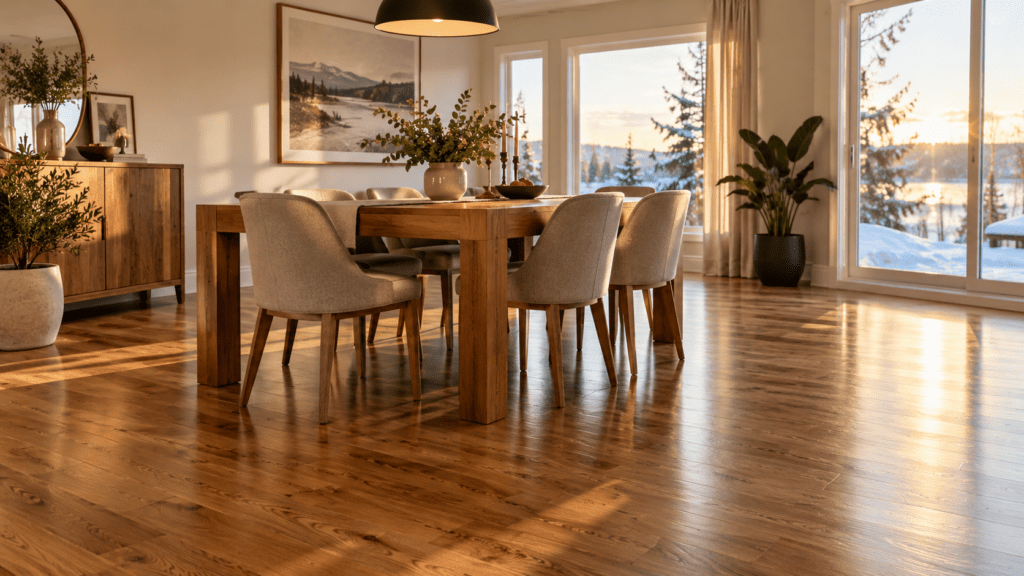 Salle à manger avec plancher en bois franc
