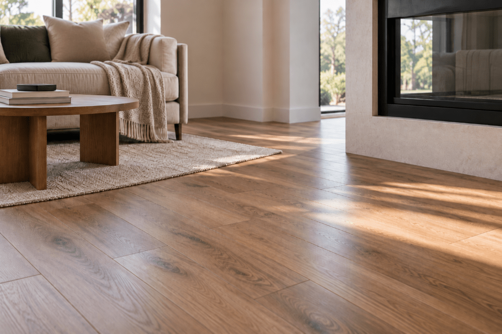 Plancher flottant installé dans un salon moderne et lumineux