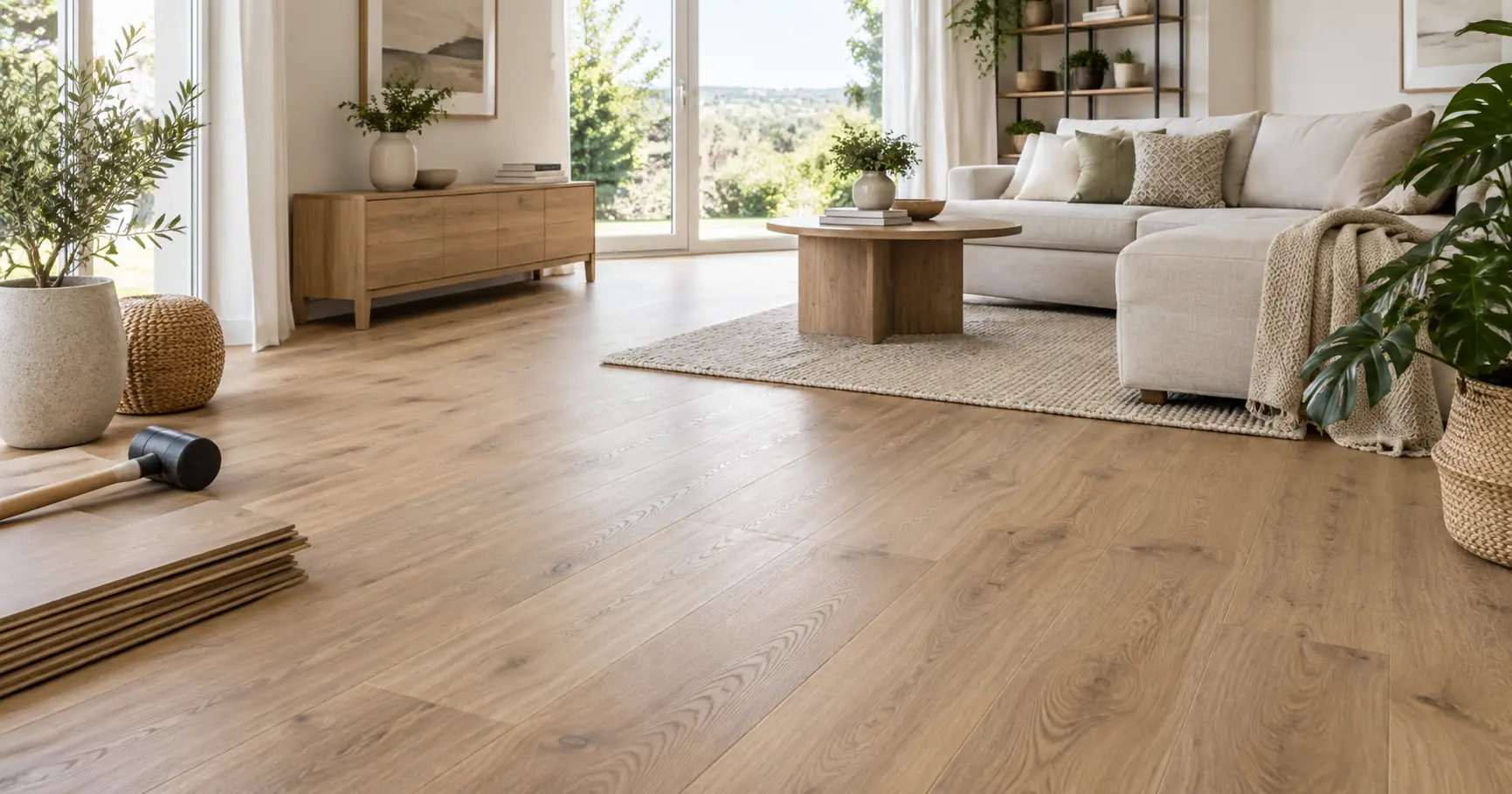 Plancher flottant installé dans un salon moderne et lumineux