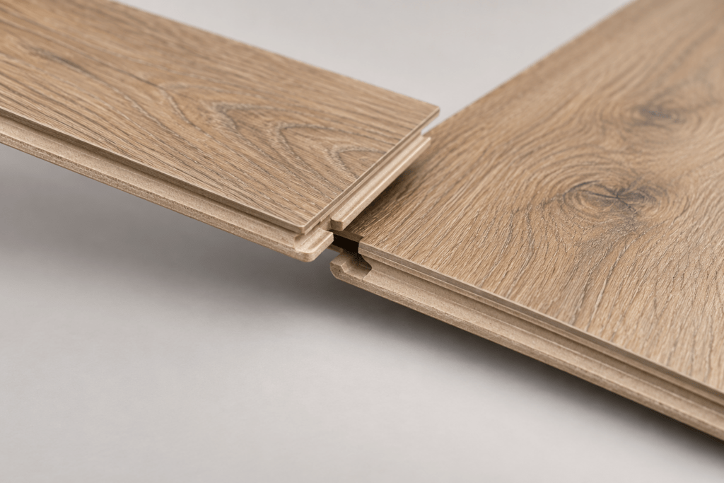 Gros plan sur le système clic de lames de plancher flottant